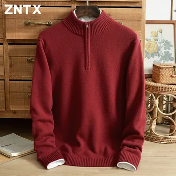 ZNTX Jesenné a zimné nové zips polovicu turtleneck mužov 100% cashmere sveter farbou v strednom veku otec bežné pletený sveter