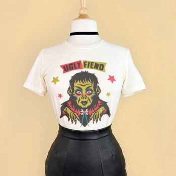Škaredé Fiend Bavlna Ženy Tričká, Vintage Halloween Inšpiroval Dámy T-shirt Čarodejnice Graphic Tee Wicca Vysoko Kvalitné Dámske Oblečenie